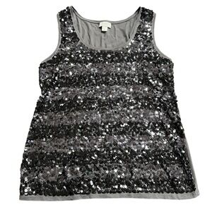 LOFT Women's Gray Sequin Tank Top Sleeveless‎ Sparkle Party Casual Blouse L